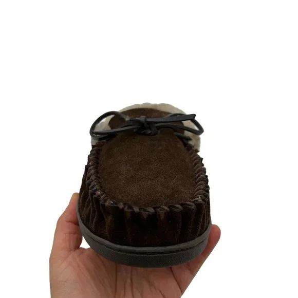 Minnetonka Mens Moccasin Slippers Size 10 Chocolate Suede Upper Faux Fur Lining - Picture 13 of 16